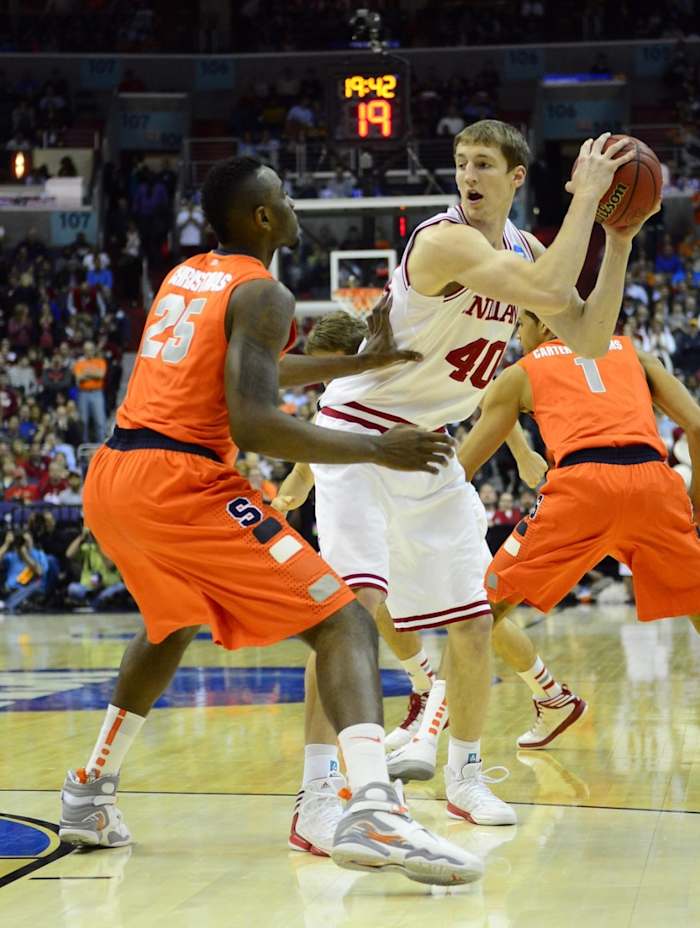 Mar 28, 2013; Washington, D.C., USA; Indiana Hoosiers forward Cody Zeller (40) looks to drive against Syracuse Orange forward Rakeem Christmas (25) during the first half of the semifinals of the East regional of the 2013 NCAA Tournament at the Verizon Center.